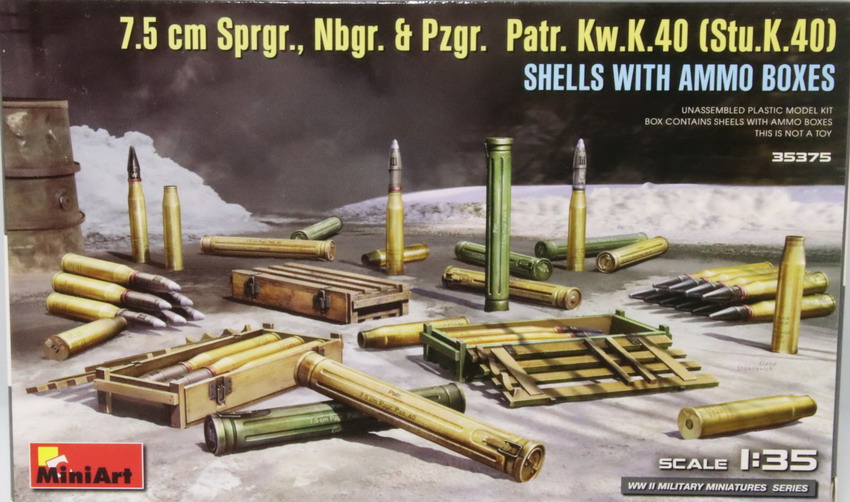 Modeling accesories 7.5 cm Sprgr. Patr. KWK 40 – Stu. K 40, shells with ammo boxes, ref. 35375, 1/35, Miniart