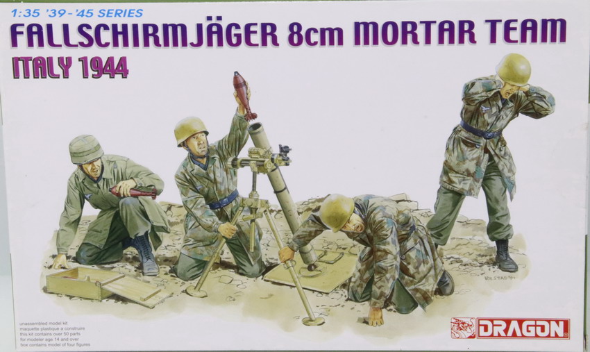 Modeling figures German, paratroopers, Fallschirmjager & mortar 8 cm, ref. 6215, 1/35, Dragón