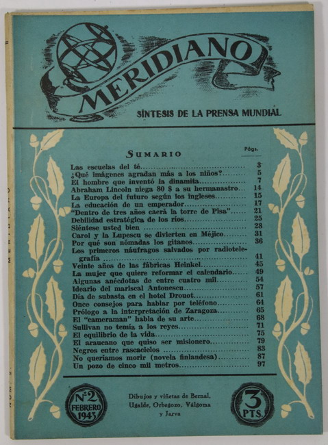 Revista Meridiano. Síntesis de la Prensa Mundial. Febrero 1943
