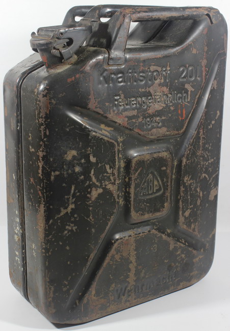 Jerrycan of gasoline Kraftstoff, year 1943, original German World War Two