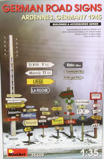 Modeling accesories road signs, German, Ardennes – Germany 1945, ref. 35609, 1/35, Miniart
